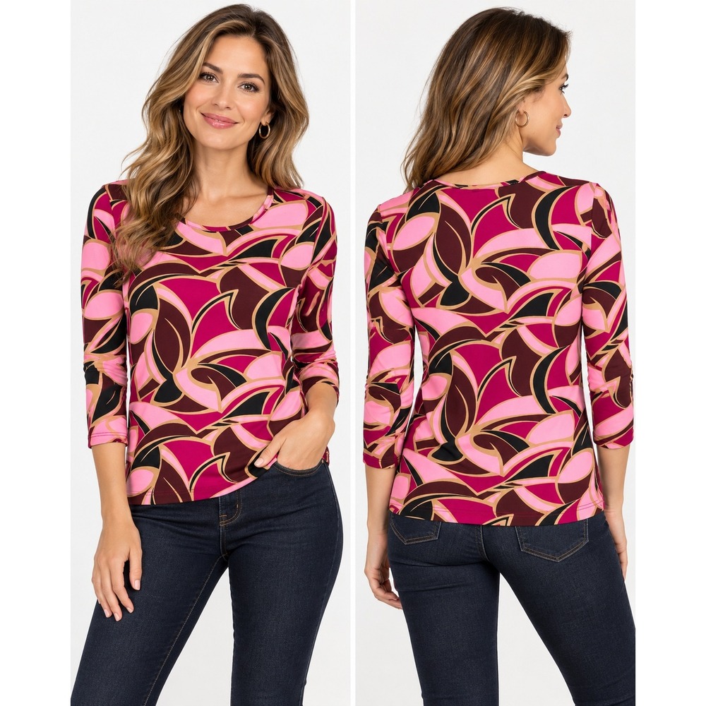MEXX Women XL Pink Brown Abstract Floral Top 3/4 Sleeve Y2K Retro Stretch